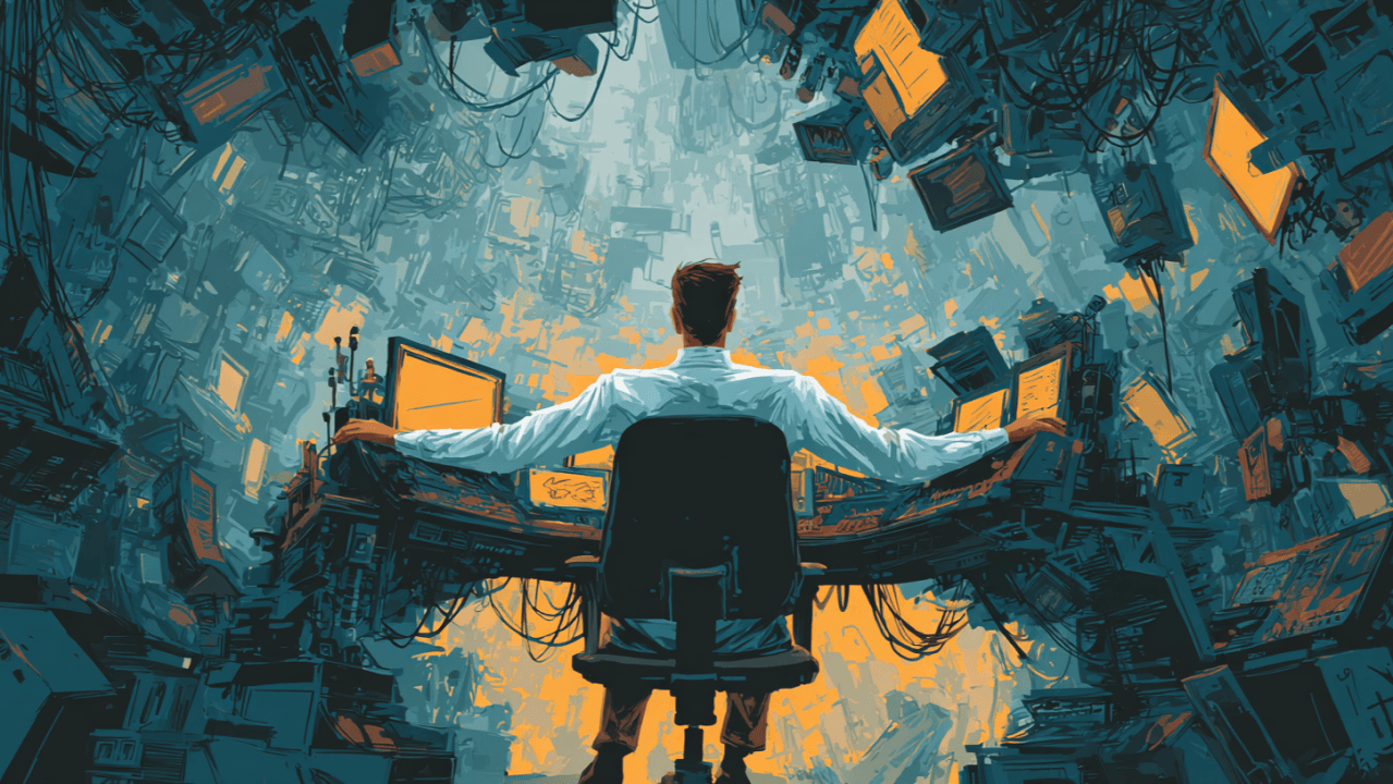 Overwhelmed CFO in a futuristic command chair with thousands of levers, controls, and options