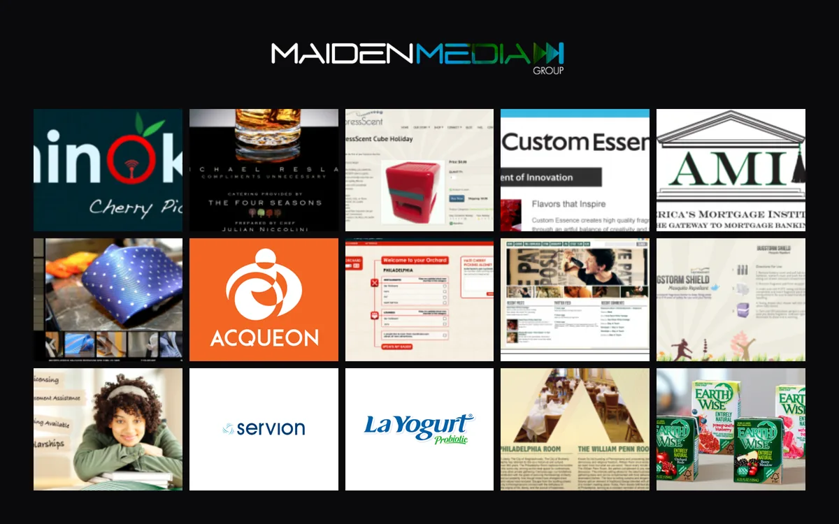 A grid of Maiden Media Group client work: brand sites, packaging and campaign pages for fifteen clients.